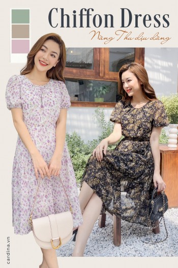 Đầm chiffon tay phồng họa tiết 