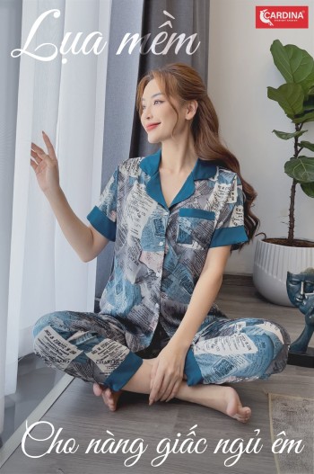 Bộ pijama lụa tay cộc phối cổ