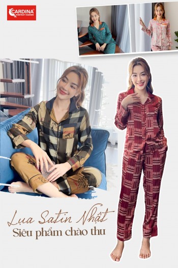 Bộ pijama lụa tay dài phối cổ 