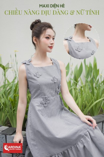 Đầm thô maxi cổ vuông hoa 3D