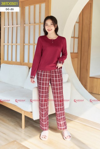 Bộ Cotton Kẻ Cổ Trụ Quần Suông